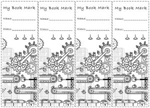 Free colour-in bookmarks with book machine theme